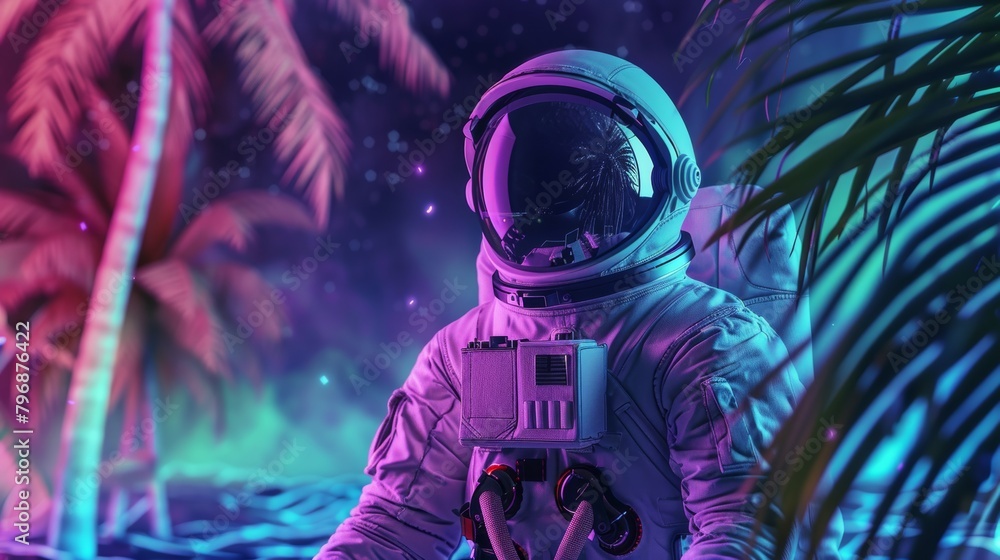 Futuristic astronaut in neon jungle Futuristic astronaut in neon jungle