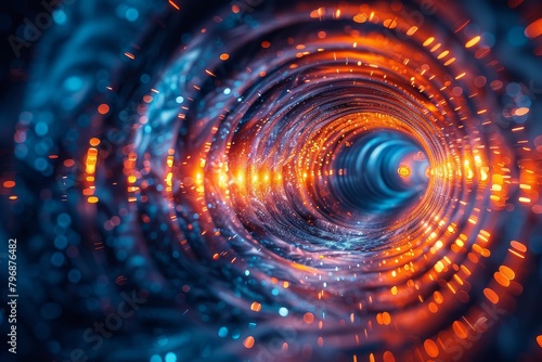A digital art piece depicting a swirling tunnel with a center that glows like fiery embers, suggesting themes of energy and movement