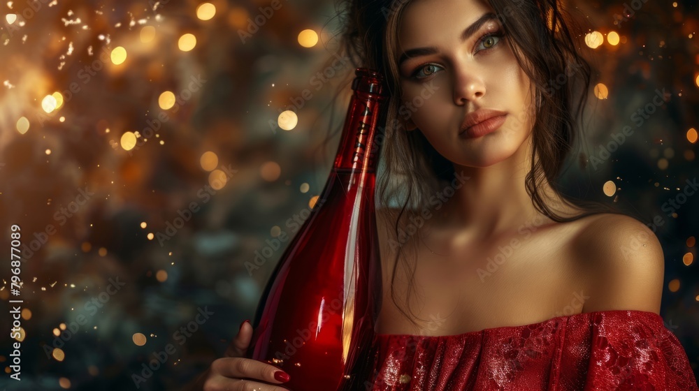 Stunning portrait of an elegant woman with red lips and a red glitter champagne bottle, against a sparkling red background. Stunning portrait of an elegant woman with red lips and a red glitter champagne bottle, against a sparkling red background.