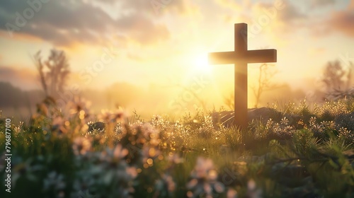 The setting sun casts a warm glow over a peaceful field of flowers, with a wooden cross standing tall in the foreground. photo