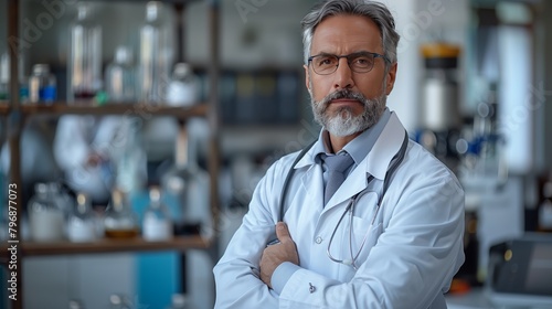 The bearded doctor in a dress shirt stands with crossed arms in the science lab
