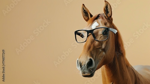 A close-up portrait of a horse wearing horn-rimmed glasses. The horse is looking at the camera with a curious expression.