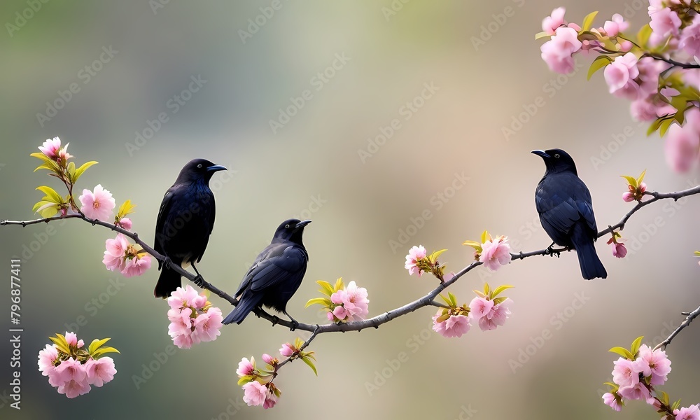 Fototapeta premium Colorful Black Bird Perched on a Branch Painting
