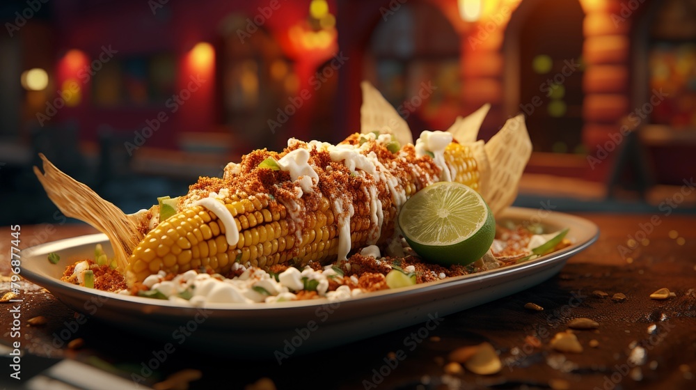 Rich Mexican street corn, Elote. Mexican food. Rich Mexican street corn, Elote. Mexican food.