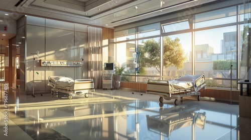A photorealistic depiction of a modern hospital interior, bathed in warm, natural light streaming through large windows.