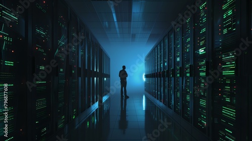 A male IT specialist is standing in a dark server room. He is looking at the rows of servers that are lit up by the green and blue lights.
