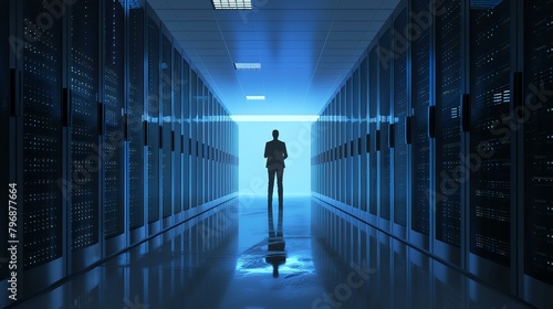 A businessman stands in a dark server room, illuminated by the blue light of the servers. He is looking at the servers.