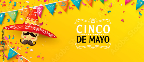 National festival cinco de mayo web banner. Festive garland flags, big title, sombrero, mustache and maracas on black horizontal banner. Festive colors vector illustration for promo on cinco de mayo.