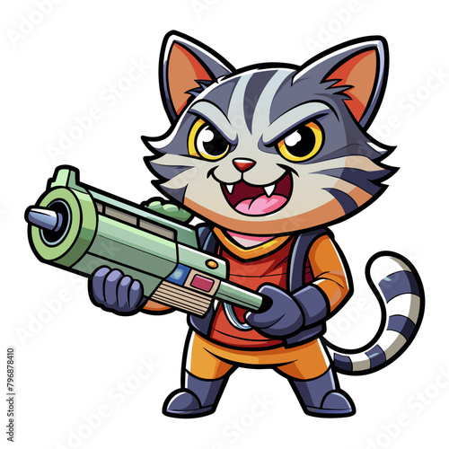 Mischievous cat wielding a comically oversized gun, complete with a playful expression on its face, suitable for a t-shirt or sticker