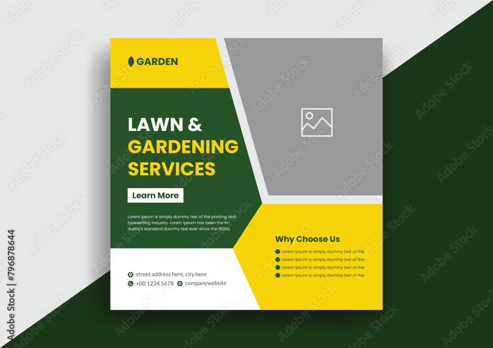 Lawn Mower Garden or Landscaping Service Social Media Post and Web Banner Template Design