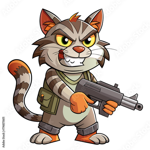 Mischievous cat wielding a comically oversized gun, complete with a playful expression on its face, suitable for a t-shirt or sticker