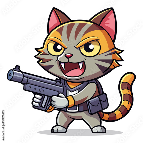 Mischievous cat wielding a comically oversized gun, complete with a playful expression on its face, suitable for a t-shirt or sticker