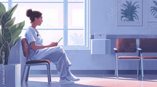 A serene scene of a nurse seated in a cozy corner of the waiting room, taking a moment to review patient charts and update medical records on a digital tablet, amidst the quiet amb photo
