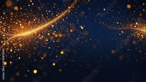 Abstract Christmas background with Dark blue and gold particles, golden light shine particles bokeh on navy blue background