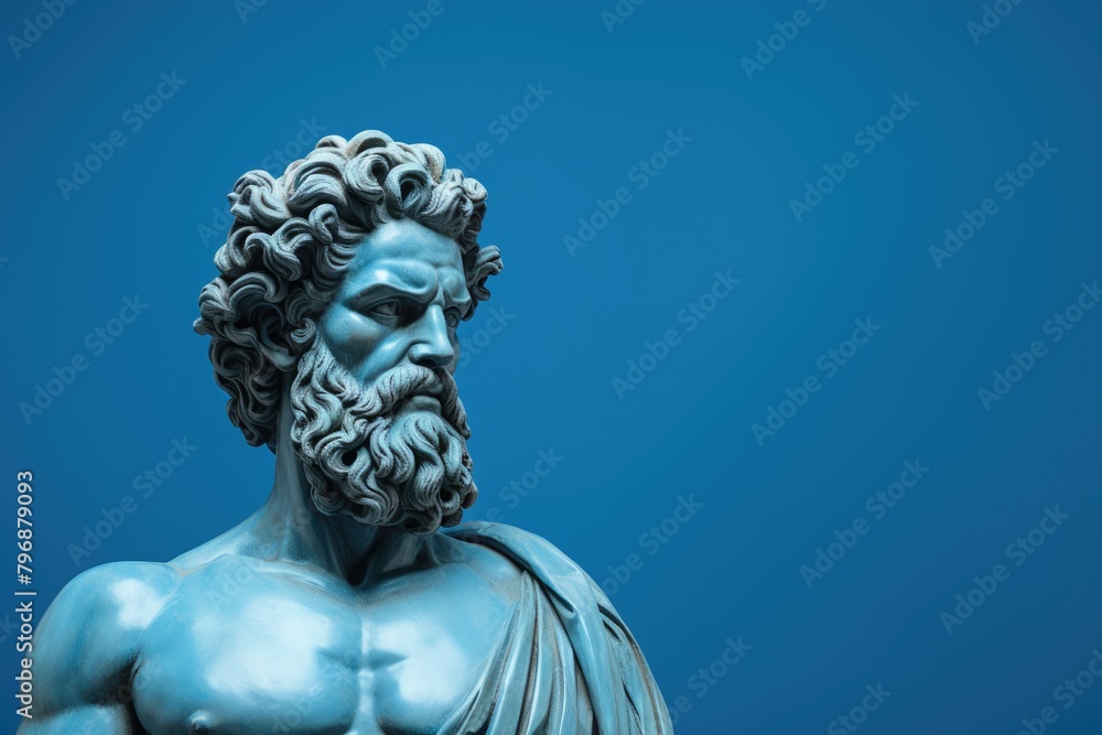 Ancient Greek statue of powerful Hercules on blue background. Ancient Sculpture of waist-high Man with large beard and muscles. Banner with copy space
