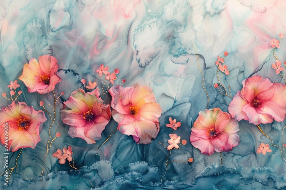 Marbled Alcohol Ink drawing Flowers banner. Pastel pink blue liquid Marble Watercolor background with floral pattern. Watercolour backdrop for print, wedding invitation, social media poster Marbled Alcohol Ink drawing Flowers banner. Pastel pink blue liquid Marble Watercolor background with floral pattern. Watercolour backdrop for print, wedding invitation, social media poster