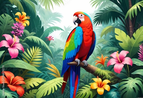 Tropical Scene with Parrot in the Jungle