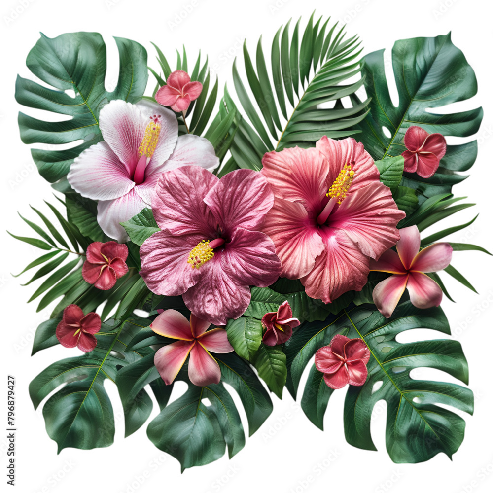 Obraz premium Tropical Leaves and Flowers Garland Bouquet For Wedding Card on white Background