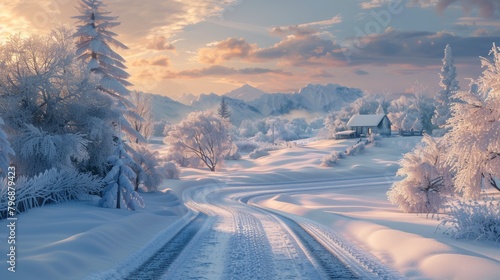A photorealistic image of a snow-covered landscape with a winding road and a cozy cottage in the distance