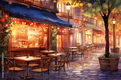 A beautiful European-style street with a cafe, people sitting at tables, and a warm inviting atmosphere.