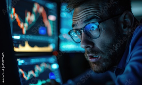 Trader's facial expression, fear while looking at the crypto market in his computer © piai