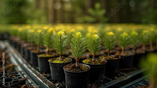 Young pine seedlings cultivated in a commercial greenhouse for forestry purposes. Concept Commercial Greenhouse Cultivation, Forestry Seedlings, Pine Seedling Production photo