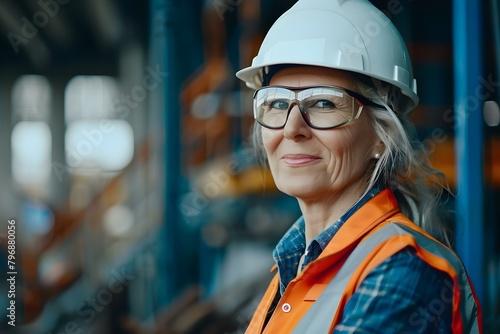 Middleaged woman in hard hat and work vest smirking at construction site. Concept Construction Worker Woman, Smirking Pose, Hard Hat, Work Vest, Construction Site Portrait © Anastasiia