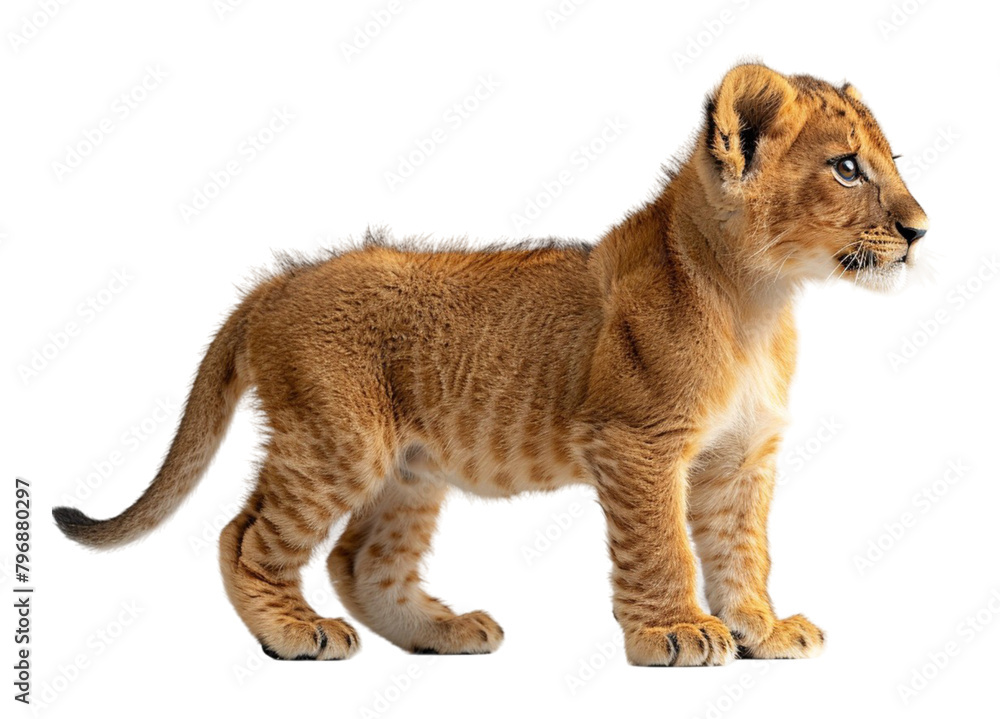 Fototapeta premium close up portrait of adorable cute baby lion isolated on transparent background, generated ai