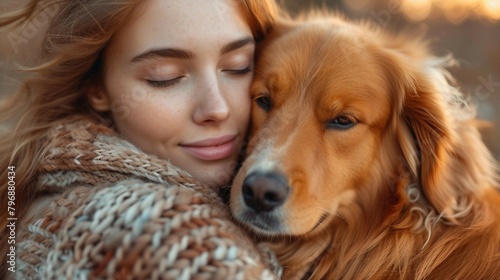 A pet owner cuddling with their beloved dog. AI generate illustration