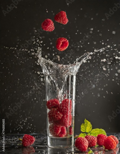 czerwone owoce wpadające z pluskiem do wysokiej szklanki z wodą 