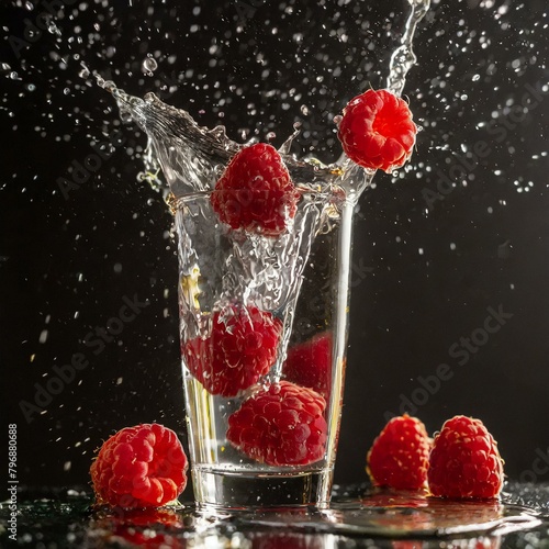 czerwone owoce wpadające z pluskiem do wysokiej szklanki z wodą  © Colorful Soul