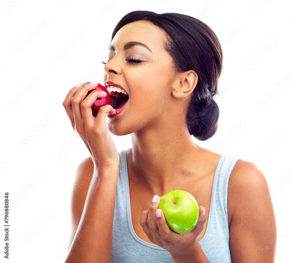 Face, bite and woman with apple, nutrition and sustainable eating to lose weight in studio. Fruit, happy and girl with fresh food for detox diet, vitamins and gut health on white background. Face, bite and woman with apple, nutrition and sustainable eating to lose weight in studio. Fruit, happy and girl with fresh food for detox diet, vitamins and gut health on white background.