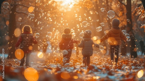 Children playing with bubbles and giggling. AI generate illustration