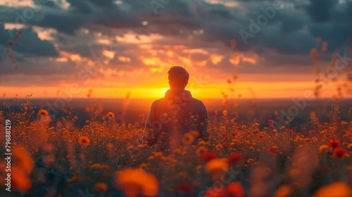 A man finding inspiration in a beautiful sunset. AI generate illustration
