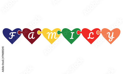 Colorful hearts in the shape of a puzzle connected to each other with the inscription Family. Vector illustration photo