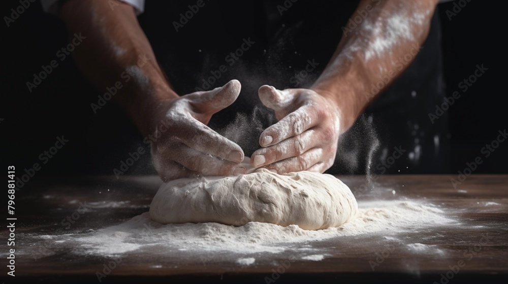 Splashes of flour, male hands knead the dough. Prepare bread and pastries. Dark background, space for text.