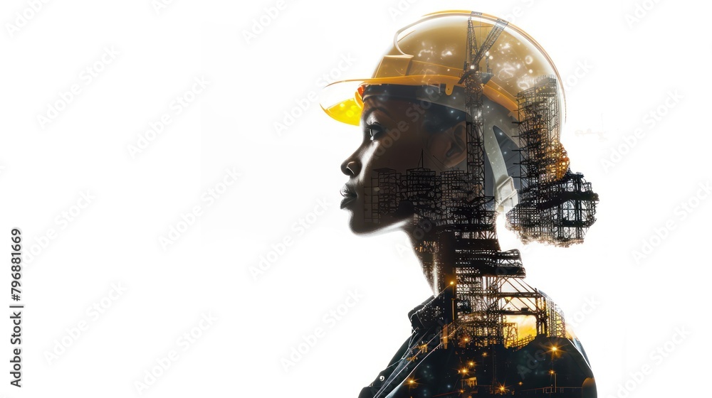 Double exposure of a young engineer woman and construction site with safety helmet letting see city buildings under construction on white background with copy space, business engineering concept. Double exposure of a young engineer woman and construction site with safety helmet letting see city buildings under construction on white background with copy space, business engineering concept.