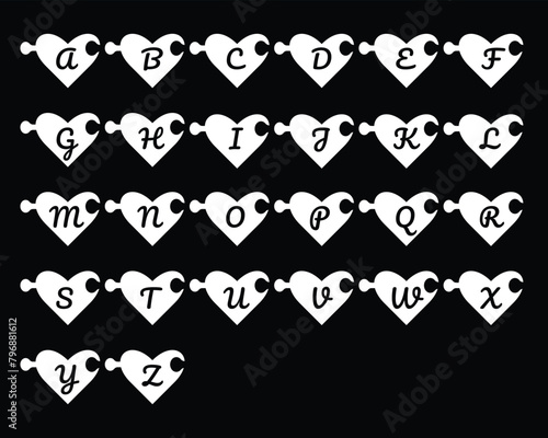 English alphabet on hearts with letters. Vector illustration