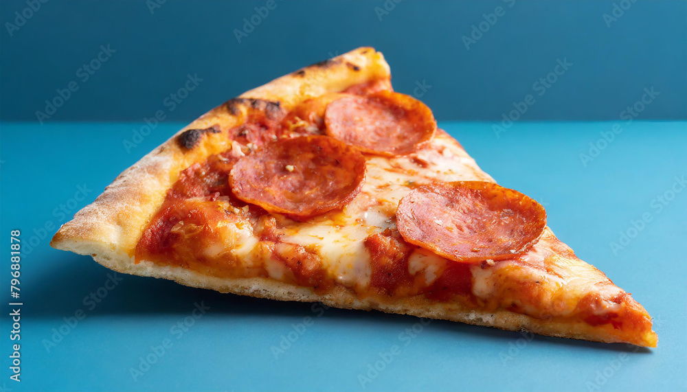 Triangular piece of pepperoni pizza isolated on blue background. Tasty fast food. Delicious snack.