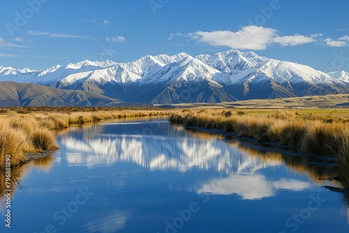tranquil landscape with snowcapped mountains reflected in still river nature photography