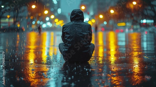 A person sitting alone in the rain, looking downcast. AI generate illustration