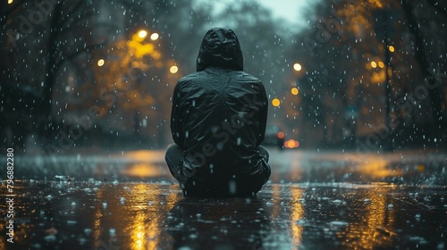A person sitting alone in the rain, looking downcast. AI generate illustration