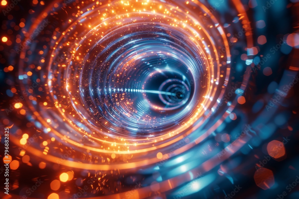 This image depicts a vibrant spiral of lights with a galactic or quantum feel in beautiful shades of blue, suggesting concepts like cosmos exploration This image depicts a vibrant spiral of lights with a galactic or quantum feel in beautiful shades of blue, suggesting concepts like cosmos exploration