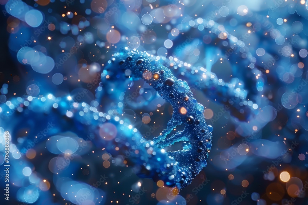 An image of a sparkling DNA strand against a deep blue backdrop giving it a biotechnological and innovative appearance full of possibilities An image of a sparkling DNA strand against a deep blue backdrop giving it a biotechnological and innovative appearance full of possibilities