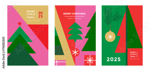 Set of Merry Christmas  and Happy new year  cards in modern minimalistic style with geometric shapes. Trendy editable vector template for greeting card, poster, banner, invitation, social media post.	