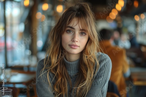 A portrait of a gorgeous young woman sitting in a cozy cafe setting, looking directly at the camera with captivating eyes