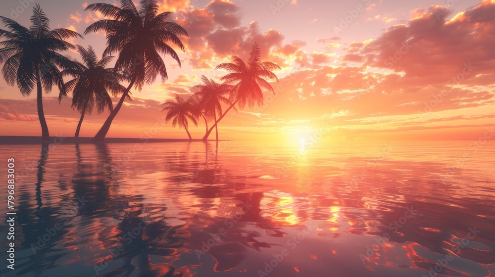 sunrise over a calm ocean with palm trees silhouetted against the sky.