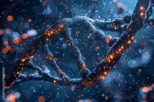 A visual depiction of the intertwining strands of DNA embellished with glowing orange sparks on a blue background photo
