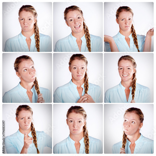 Woman, portrait and collage with funny faces, expressions or humor for comedy in montage. Young model or female person with personality in collection, frame or series of silly or goofy emotions photo