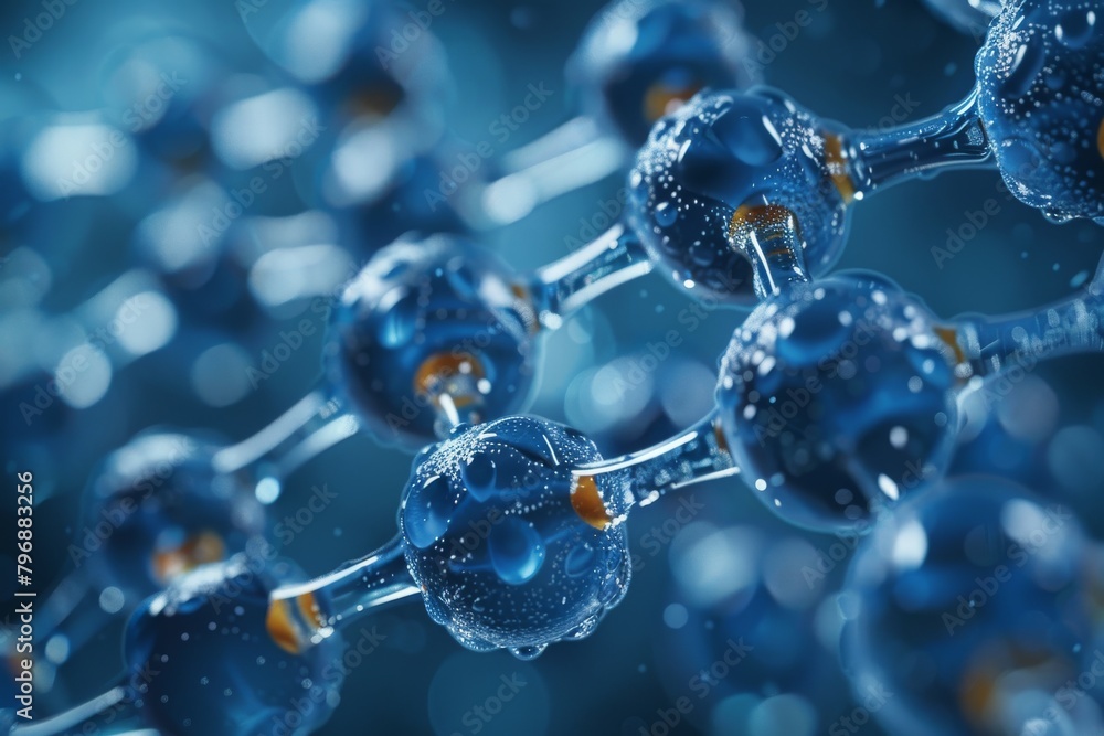 A detailed depiction of a molecular structure with shiny blue and orange atoms connected by bonds, representing scientific concepts and molecular chemistry A detailed depiction of a molecular structure with shiny blue and orange atoms connected by bonds, representing scientific concepts and molecular chemistry